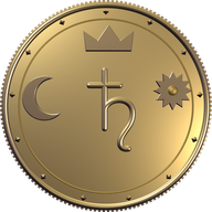 Occult Astrology medallion: Saturn's glyph, the Sun, the Moon and a crown on a gold coin